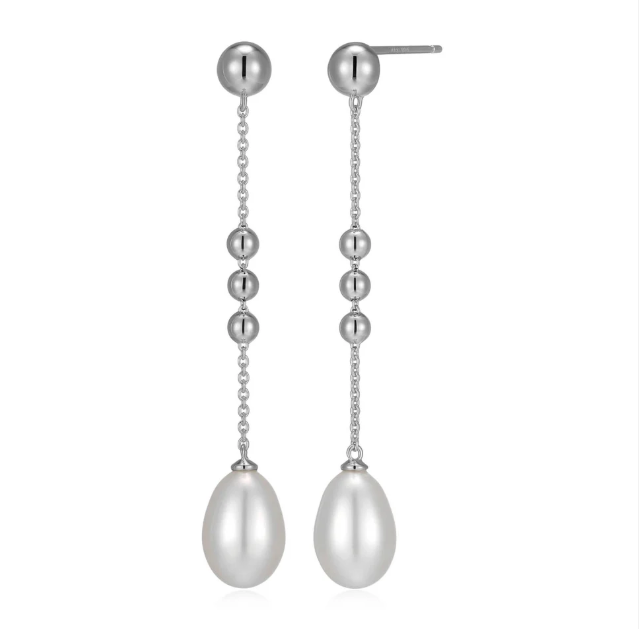 ELLE Rhodium Plated Sterling Silver Beaded Chain & Pearl Drop Earrings (SI8163)