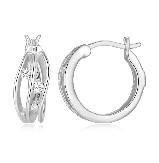 ELLE Rhodium Plated Sterling Silver CZ Swirl Rondelle Hoop Earrings (SI8339)
