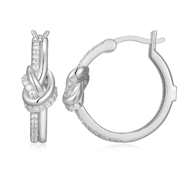 ELLE Rhodium Plated Sterling Silver CZ Unity Knot Hoop Earrings (SI8424)