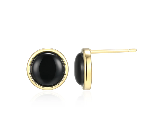 ELLE Gold Plated Sterling Silver Black Agate Button Stud Earrings (SI8343)