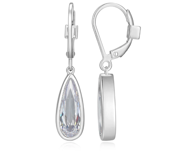 ELLE Rhodium Plated Sterling Silver Faceted CZ Teardrop Earrings (SI8347)