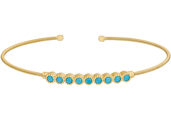 Gold Plated Sterling Silver Beaded Bezel Turquoise Cable Flex Cuff Bracelet (SI8084)