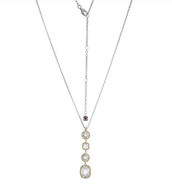 ELLE Two Tone Rhodium Plated Sterling Silver Multi-Shape Faceted CZ Drop Necklace (SI8189)