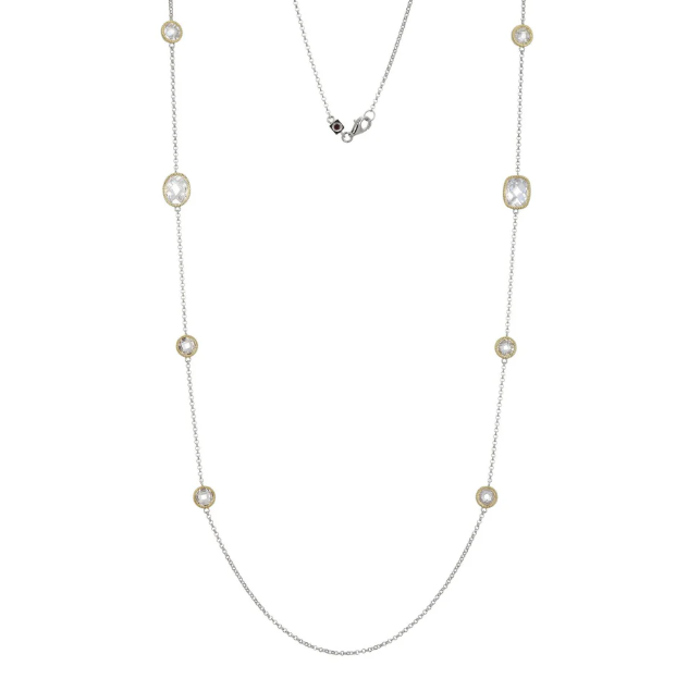 ELLE Two Tone Rhodium Plated Sterling Silver Faceted CZ Station Necklace (SI8177)
