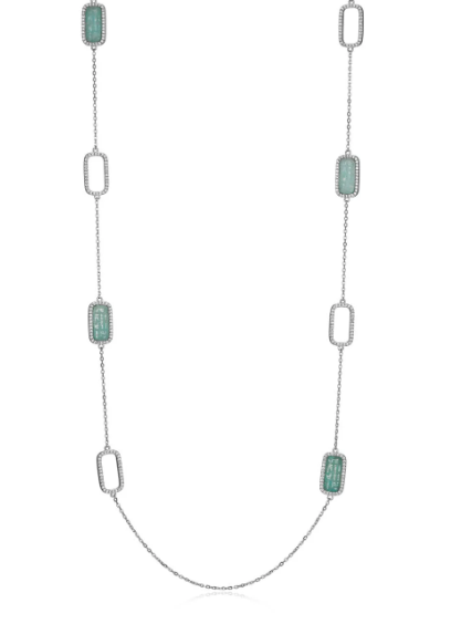 ELLE Rhodium Plated Sterling Silver Rectangle Amazonite & CZ Station Necklace (SI8162)