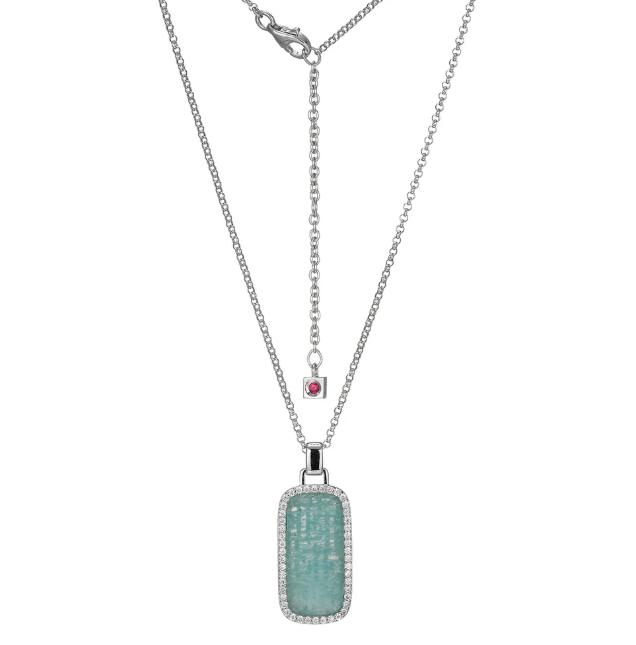 ELLE Rhodium Plated Sterling Silver Rectangle Amazonite CZ Necklace (SI8188)