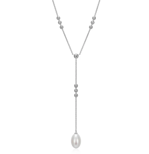 ELLE Rhodium Plated Sterling Silver Beaded Chain & Pearl Drop Y Necklace (SI8193)