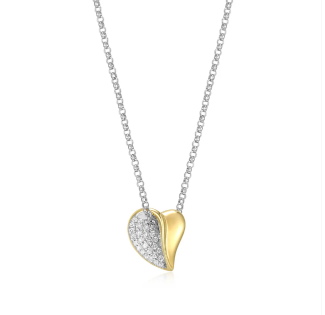 ELLE Two Tone Gold Plated Sterling Silver Half CZ Heart Necklace (SI8176)
