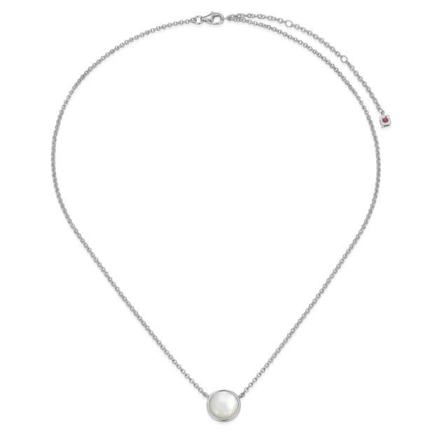 ELLE Rhodium Plated Sterling Silver Mother of Pearl Button Rolo Chain Necklace (SI8345)