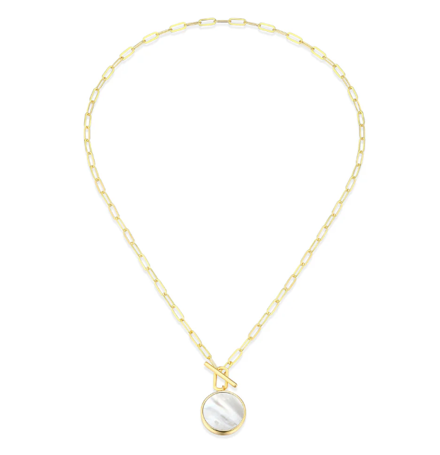 ELLE Gold Plated or Sterling Silver Mother of Pearl Disc Toggle Necklace (SI8335)