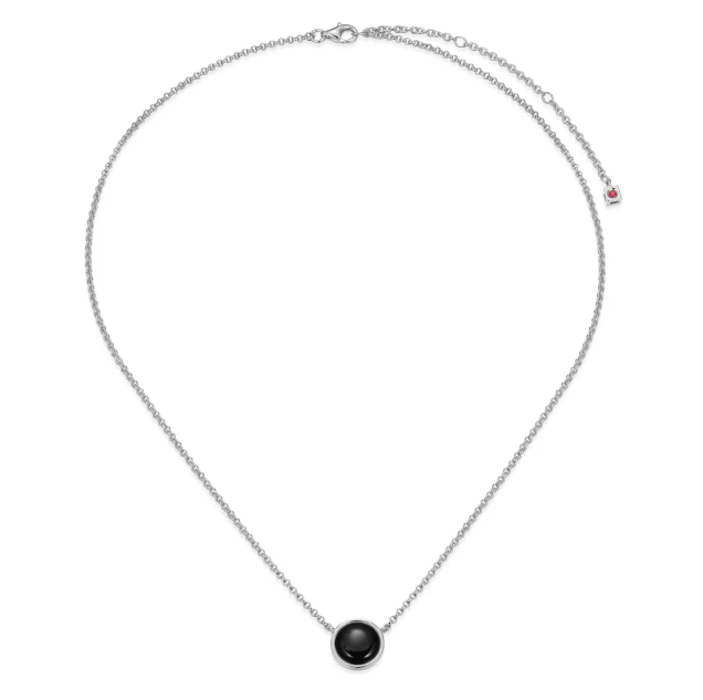 ELLE Rhodium Plated Sterling Silver Black Agate Button Rolo Chain Necklace (SI8434)