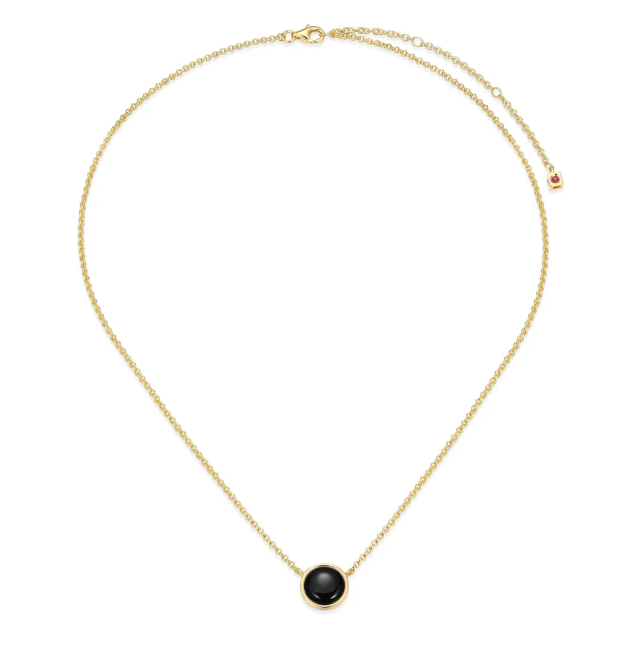 ELLE Gold Plated Sterling Silver Black Agate Button Rolo Chain Necklace (SI8438)