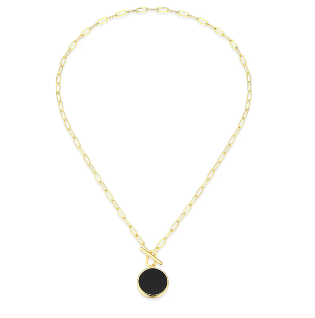 ELLE Gold Plated Sterling Silver Black Agate Disc Toggle Necklace (SI8435)