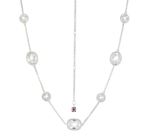 ELLE Rhodium Plated Sterling Silver Multi-Shape Faceted CZ Station Necklace (SI8173)