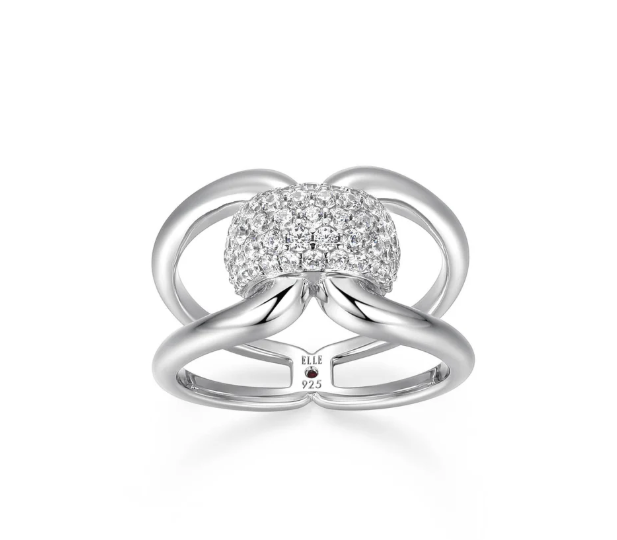 ELLE Rhodium Plated Sterling Silver Pave CZ Center Double Band Ring (SI8203)