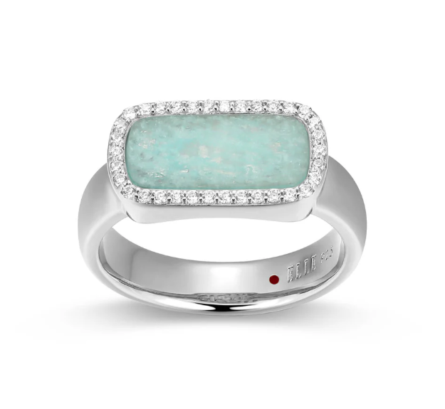 ELLE Rhodium Plated Sterling Silver Rectangle Amazonite & CZ Ring (SI8432)