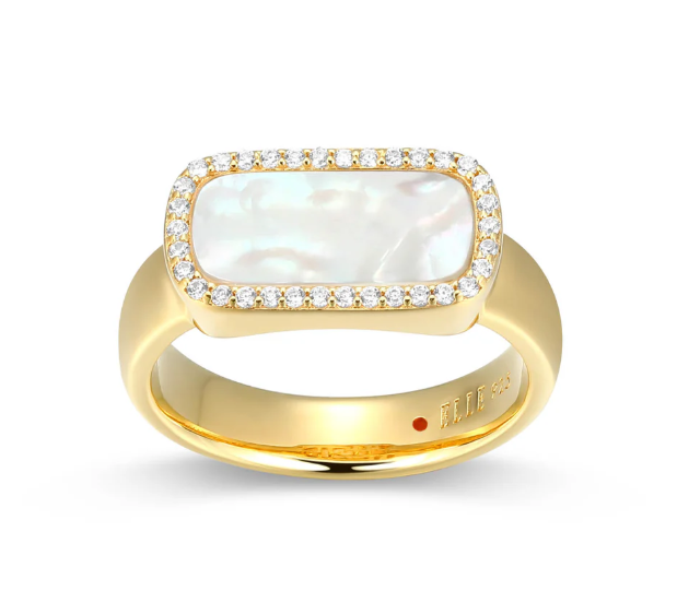 ELLE Gold Plated Sterling Silver Rectangle Mother of Pearl CZ Horizontal Ring (SI8202)