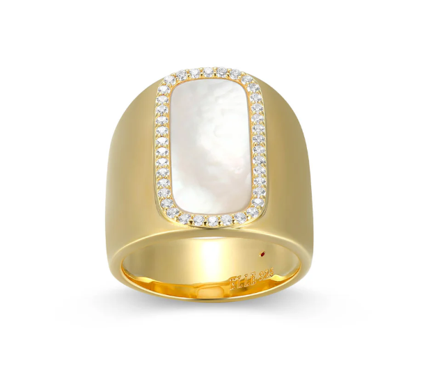 ELLE Gold Plated Sterling Silver Rectangle Mother of Pearl CZ Wide Ring (SI8208)