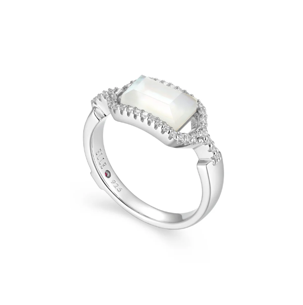 ELLE Rhodium Plated Sterling Silver Mother of Pearl/Crystal Doublet & CZ Geometric Ring (SI8467)