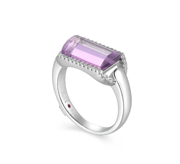 ELLE Rhodium Plated Sterling Silver African Amethyst/Crystal Doublet & CZ Ring (SI8204)