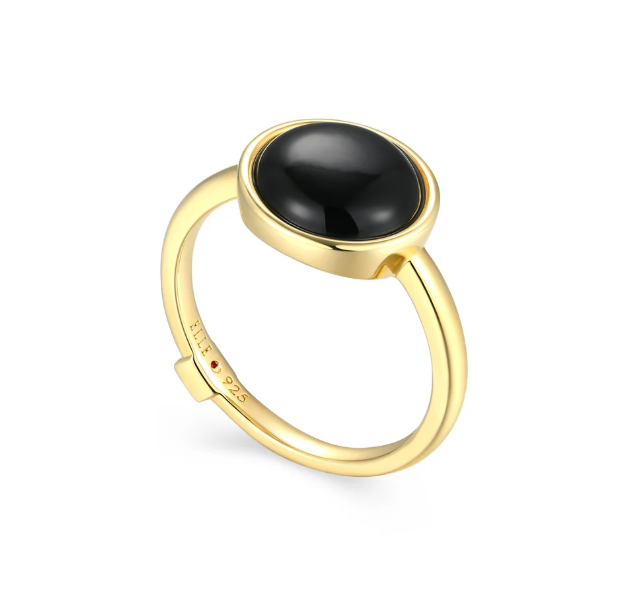ELLE Gold Plated Sterling Silver Black Agate Button Ring