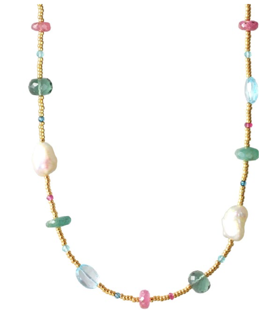 AVF Gold Glass, White Pearl, Grandidierite, Pink Sapphire, Sky Blue Topaz, Quartz, Tourmaline & Apatite Necklace (SI6783)