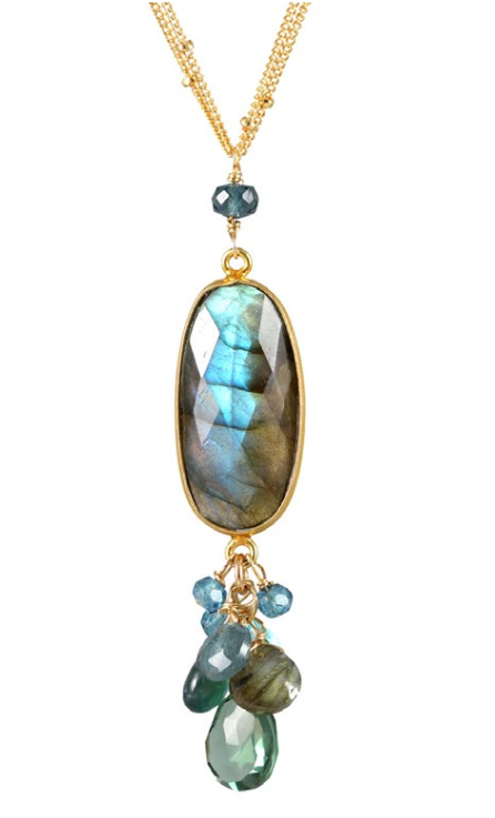 AVF Gold Bezel Oval Labradorite, Quartz, Blue Topaz, Moss Aqua & Grandidierite Necklace (SI6763)