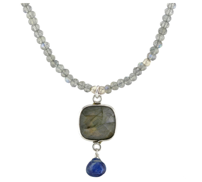 AVF Silver Square Bezel Labradorite & Kyanite Link Necklace (SI6773)