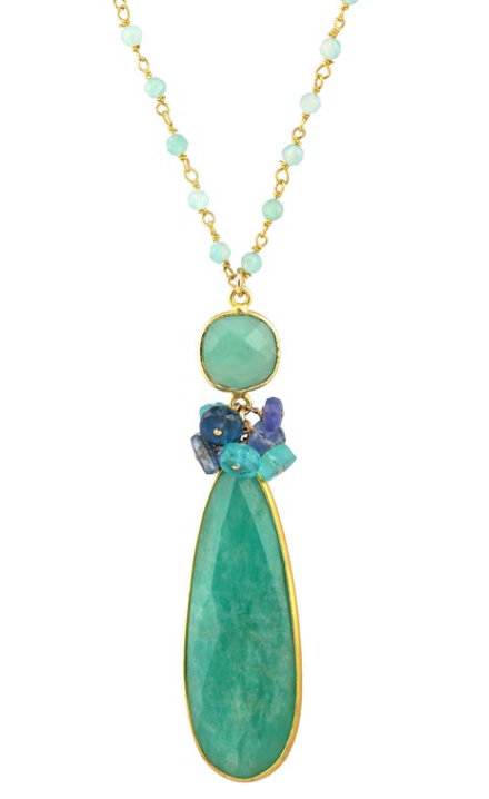 AVF Gold Bezel Long Pear Shaped Amazonite, Kyanite, Tanzanite & Apatite Necklace (SI6795)