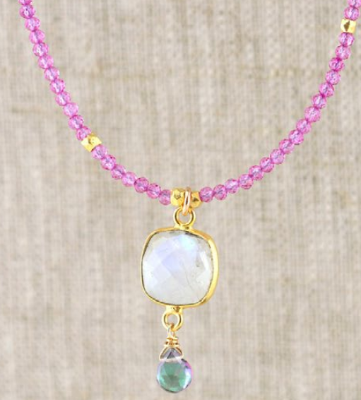 AVF Gold Square Bezel Moonstone, Mystic Quartz & Pink Topaz Necklace (SI6705)