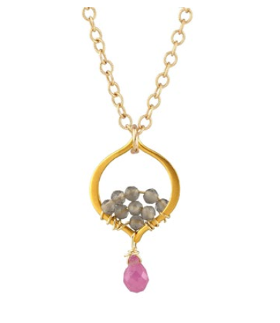 AVF Gold Arabesque Necklace with Pink Quartz & Gray Moonstone (SI6728)