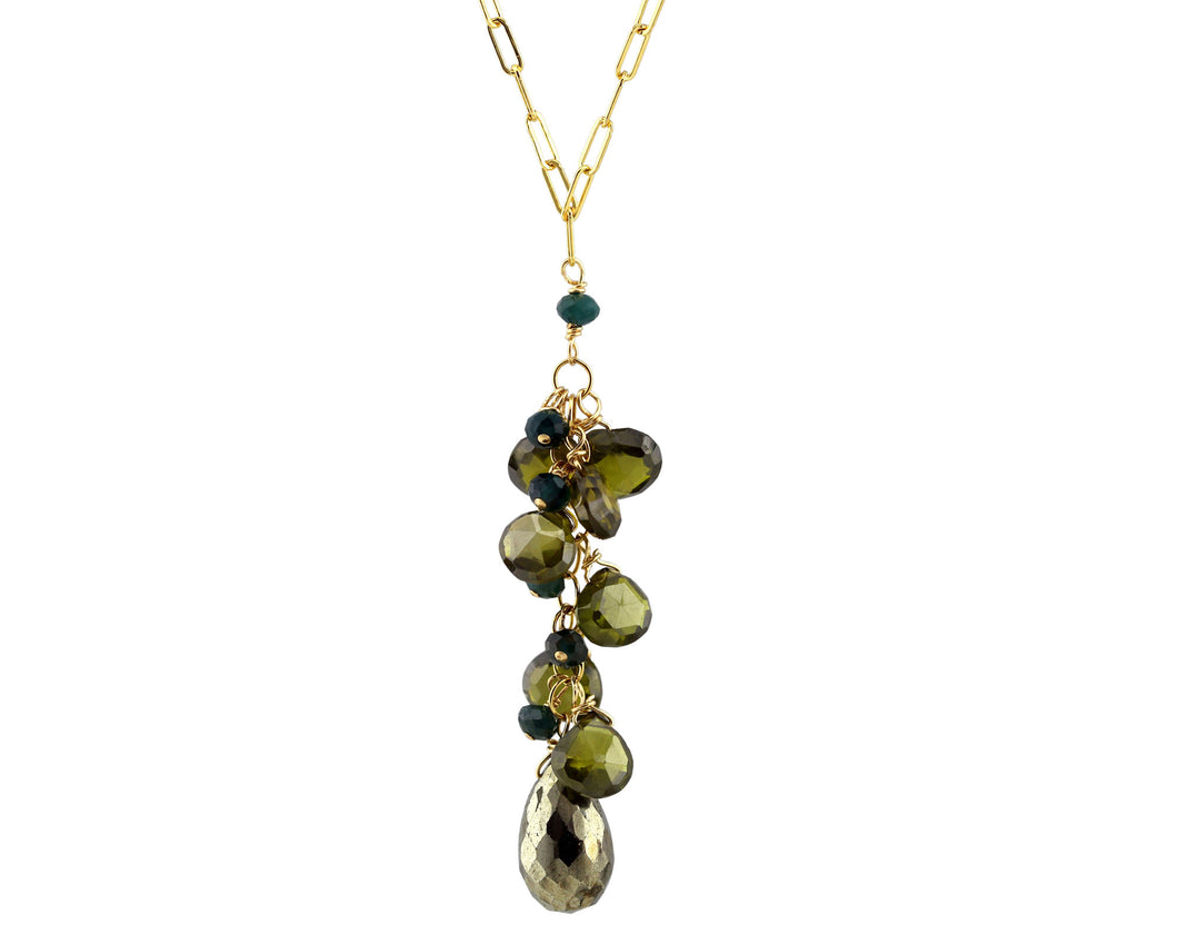 AVF Gold Paperclip Chain w/ Pyrite, Green Zircon, Grandidierite Waterfall Drop (Y) Necklace (SI6984)