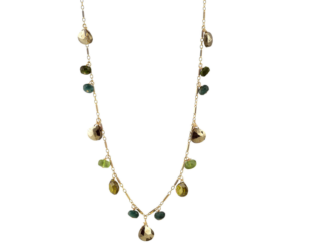 AVF Gold Grandidierite, Pyrite, Chrome Diopside, Zircon & Apatite Dangle Station Necklace (SI6988)