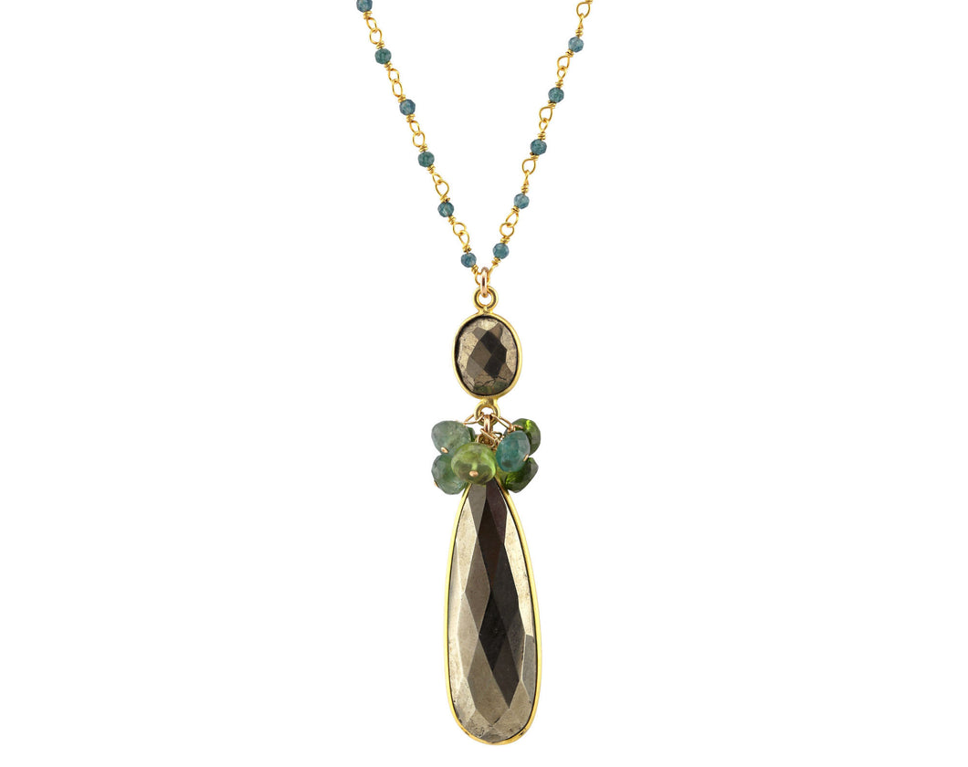 AVF Gold Grandidierite Beaded Chain w/ Chrome Diopside Pear Shaped Pendant and Green Apatite/Quartz Cluster (SI6979)