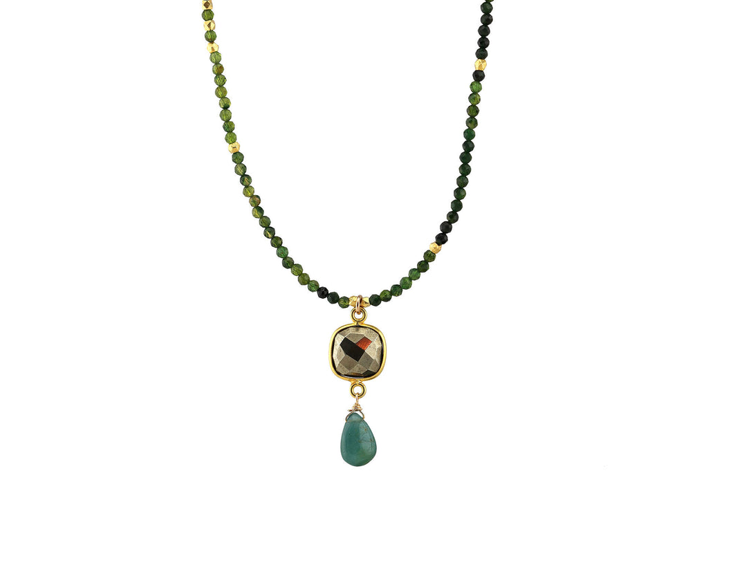 AVF Gold Beaded Multi-Colored Green Tourmaline with Faceted Pyrite & Grandidierite Dangle Necklace (SI6999)