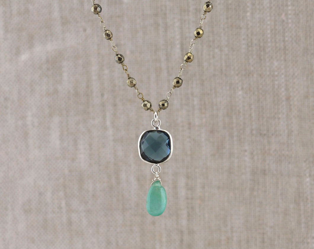 AVF Silver Pyrite Beaded Chain w/ Square Faceted Grandidierite & Blue-Grey Hydro Quartz (SI7024)