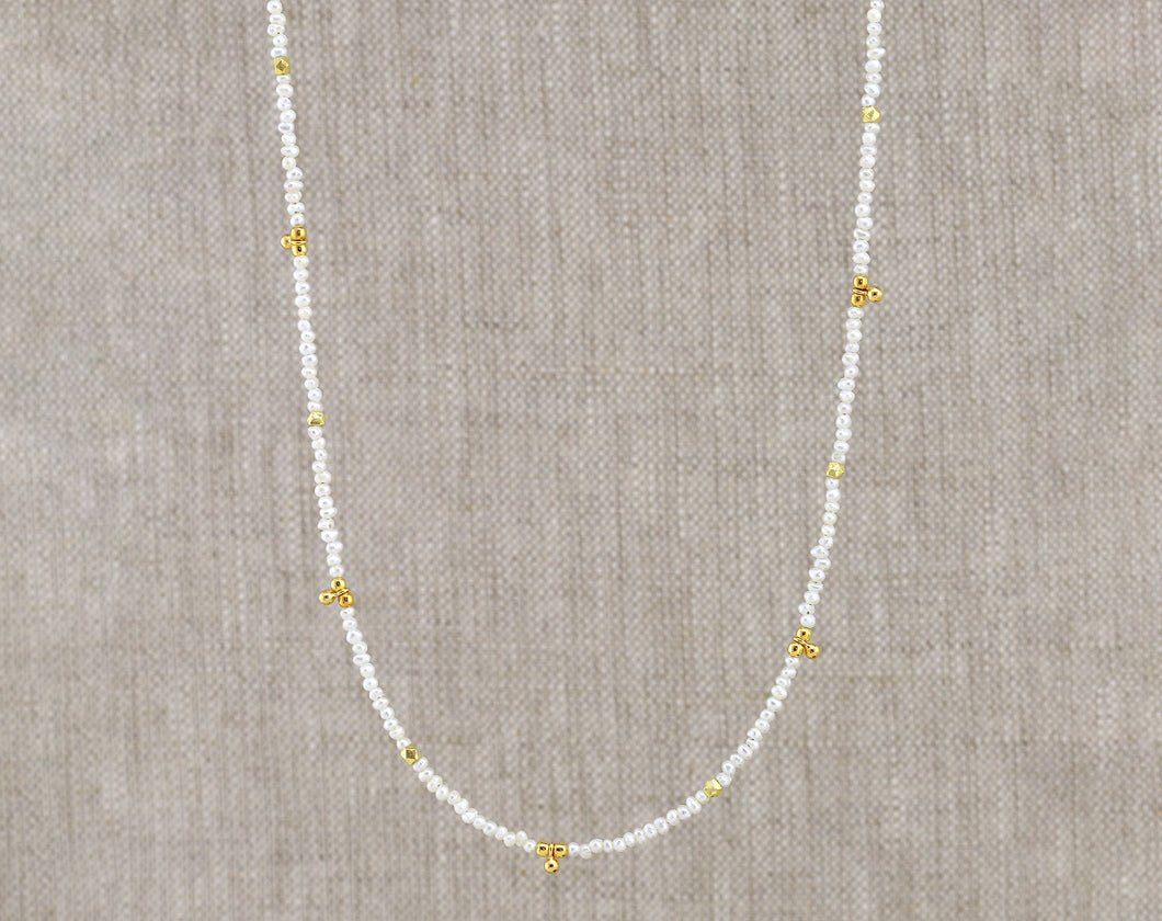 AVF White Pearl & Tiny Gold Ball Charm Beaded Necklace (SI7973)