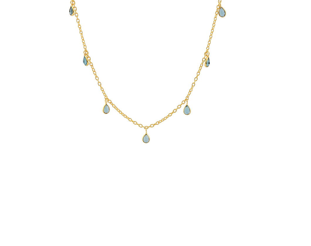 AVF Gold Small Bezel Teardrop Swiss Blue Quartz Dangle Station Necklace (SI7953)