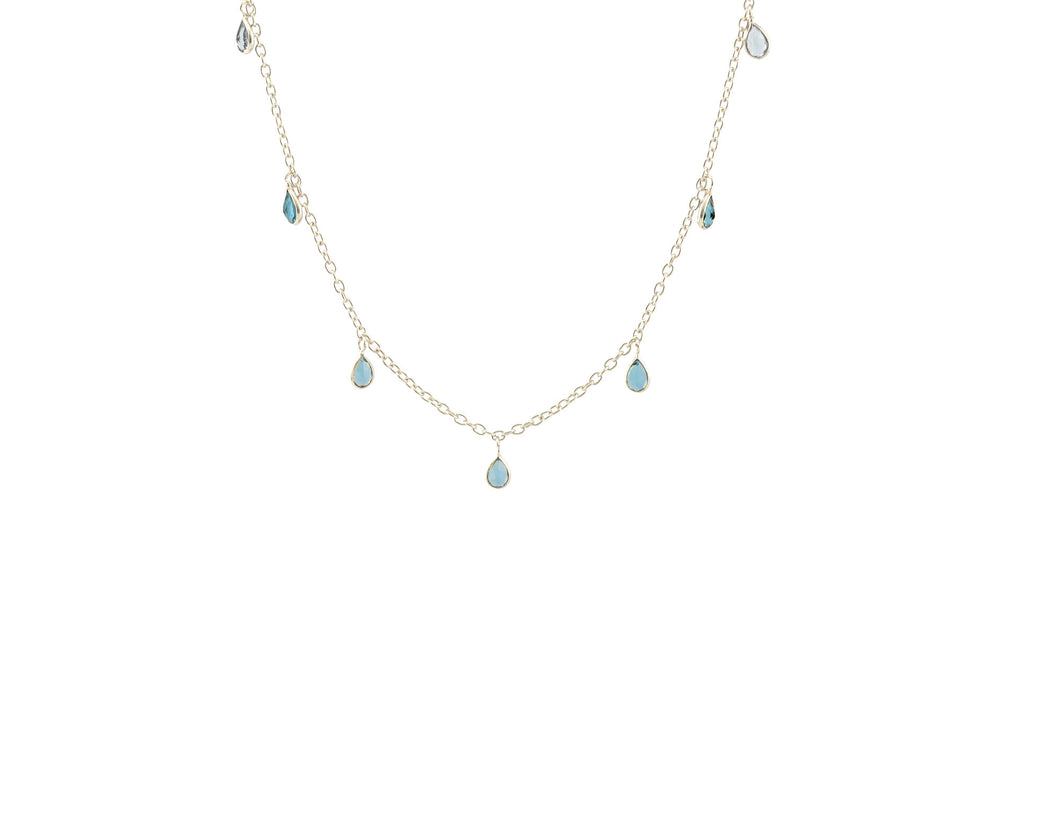 AVF Silver Bezel Tiny Teardrops Swiss Blue Quartz Dangle Station Necklace (SI7993)