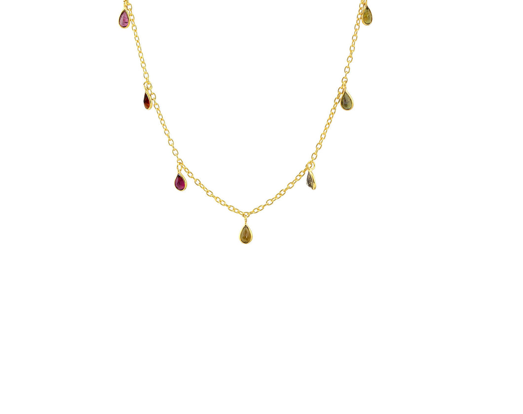 AVF Gold Bezel Tiny Teardrops Multi-Colored Tourmaline Necklace (SI7980)