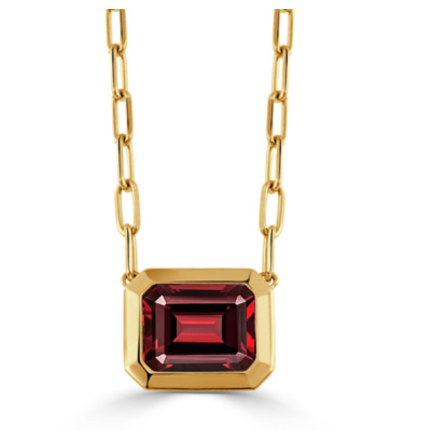 18k Yellow Gold Beveled Edge Garnet Paperclip Chain Necklace (I9032)