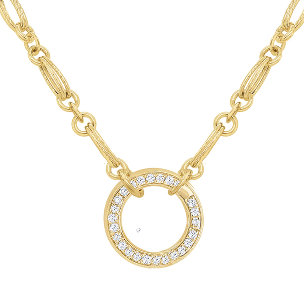 14k Yellow Gold Hollow Textured Double Elongated Link Diamond Charm Holder Necklace (I8468)