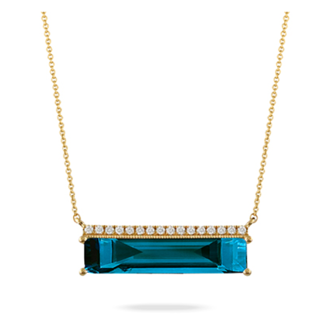 18k Yellow Gold Horizontal London Blue Topaz & Diamond Bar Necklace (I9019)