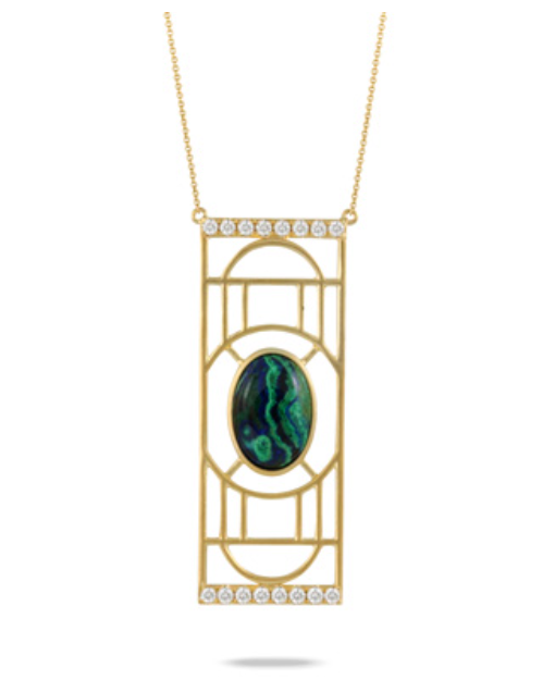 18k Yellow Gold Satin Finish Azurite Malachite & Diamond Necklace (I9002)