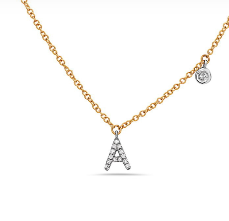 14k Yellow Gold Diamond Initial & Bezel Dangle Necklace (Various Letters Available)