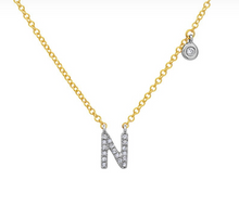 Load image into Gallery viewer, 14k Yellow Gold Diamond Initial &amp; Bezel Dangle Necklace (Various Letters Available)
