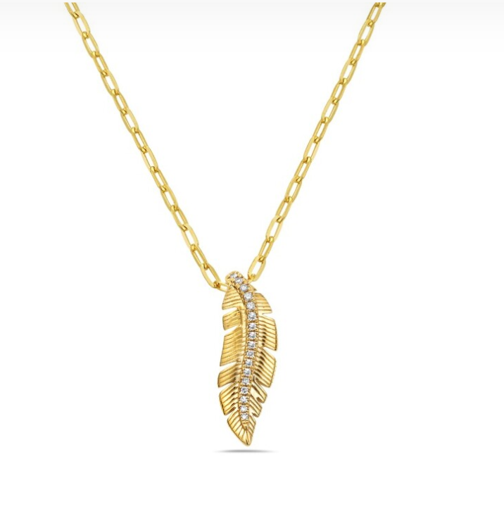 14k Yellow Gold Textured Feather with Diamonds Necklace (I9556)