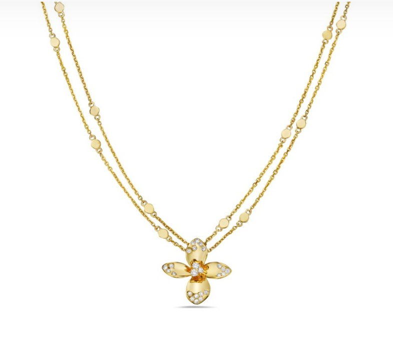 14k Yellow Gold Double Chain Diamond Floral Necklace (I9603)