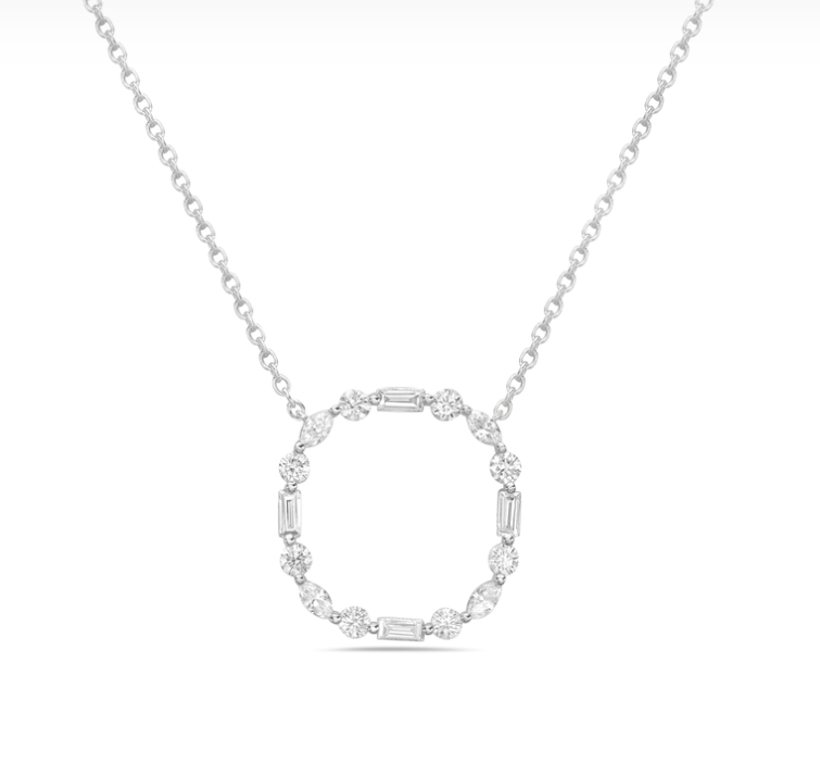 18k White Gold Baguette, Round & Marquise Diamond Circle Necklace (I9618)