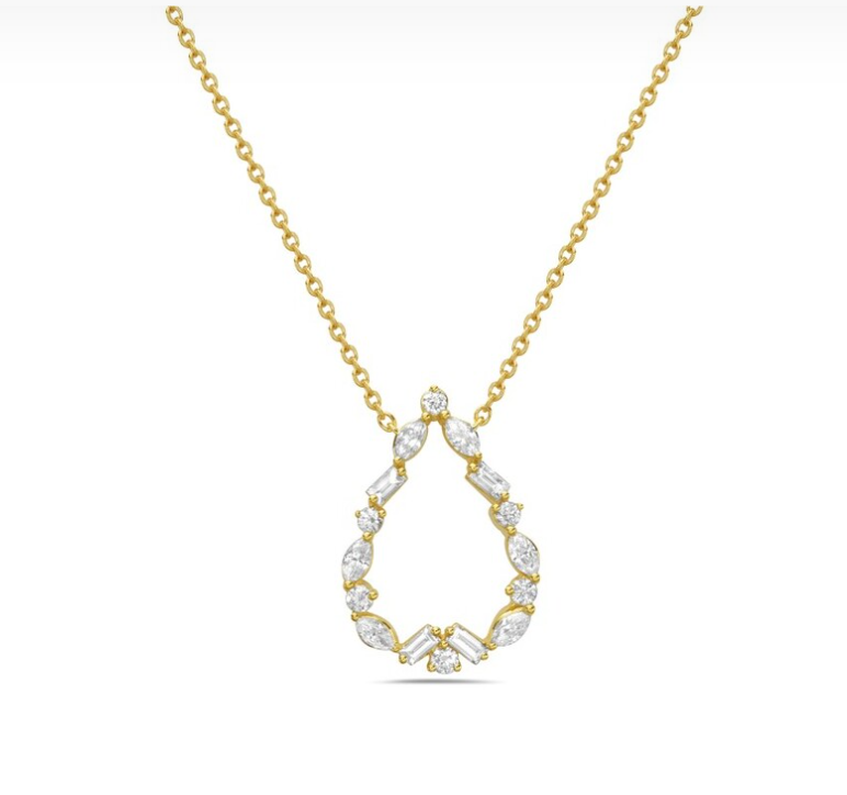 18k Yellow Gold Baguette, Round & Marquise Shaped Diamond Pear Shaped Necklace (I9617)